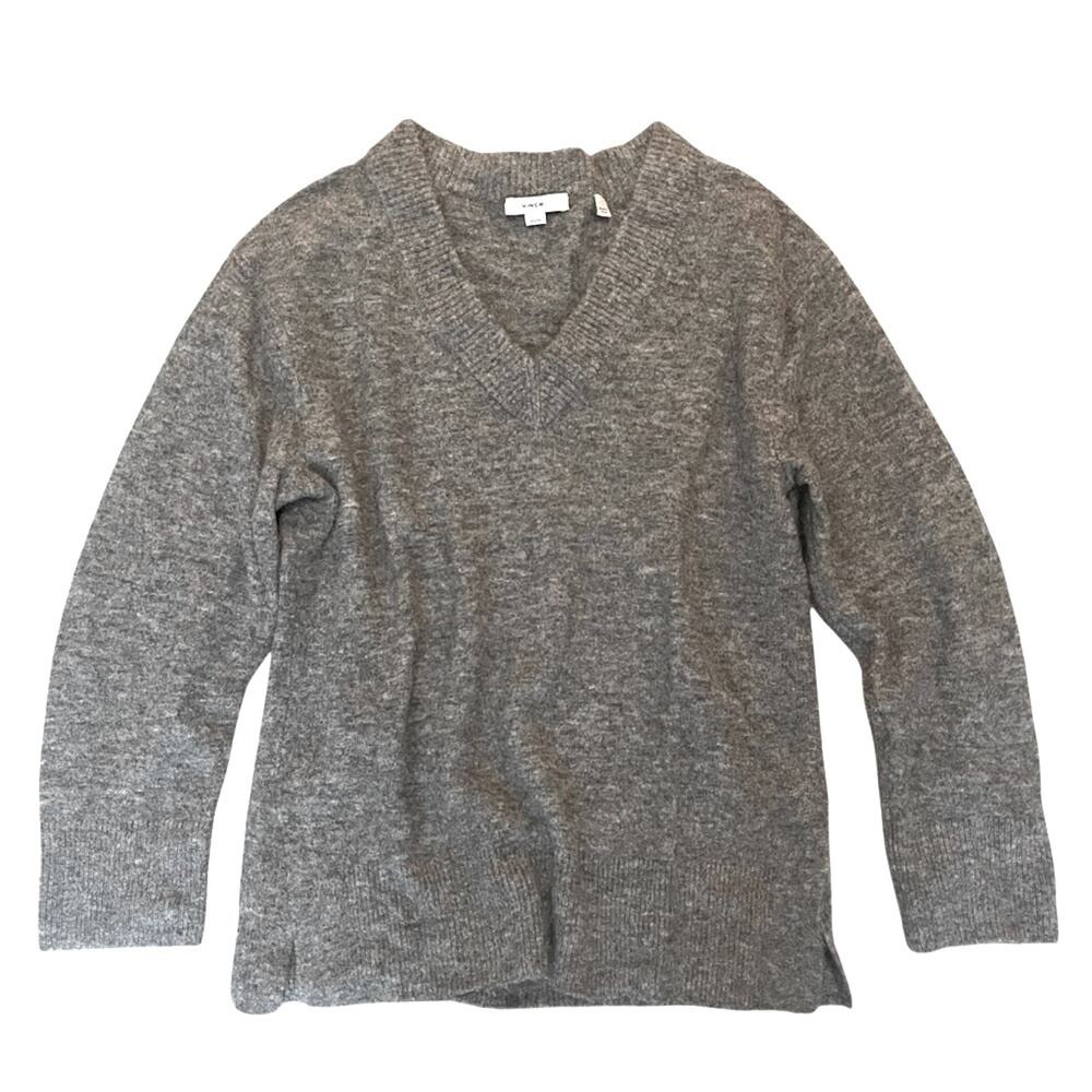 Vince Side Slit V-Neck Tunic Sweater Gray Wool Alpaca Blend Womens XS Pullover